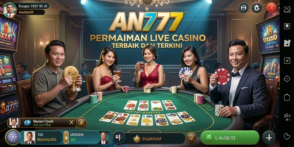 Screenshot gameplay live casino AN777 yang menampilkan dealer dan meja permainan.