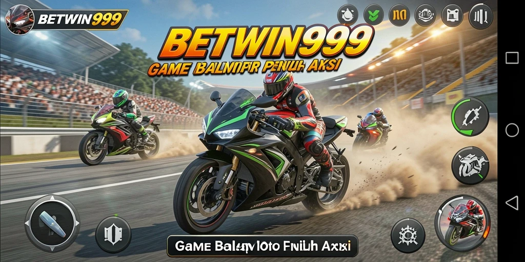 Tampilan gameplay BETWIN999 yang dramatis dengan motor balap dan trek yang menarik.