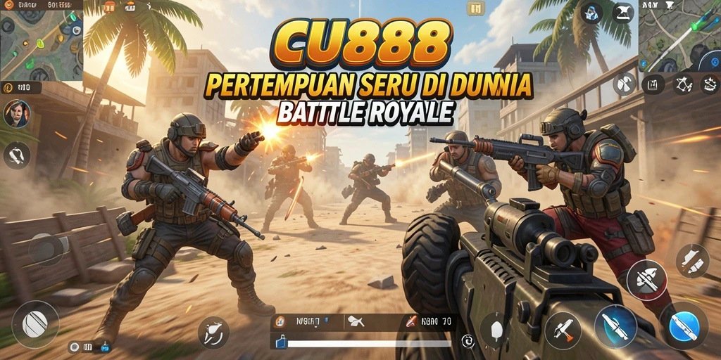 Tangkapan layar utama menunjukkan aksi seru di arena Battle Royale.