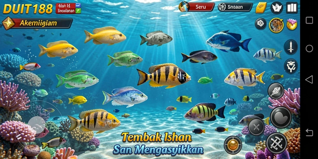 Tampilan gameplay <strong>DUIT188</strong> yang menggembirakan dengan berbagai ikan warna-warni.