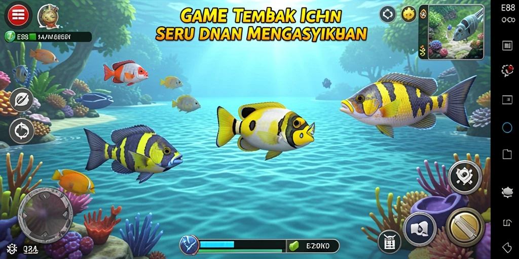 Screenshot E88 menampilkan aksi seru dalam berburu ikan.