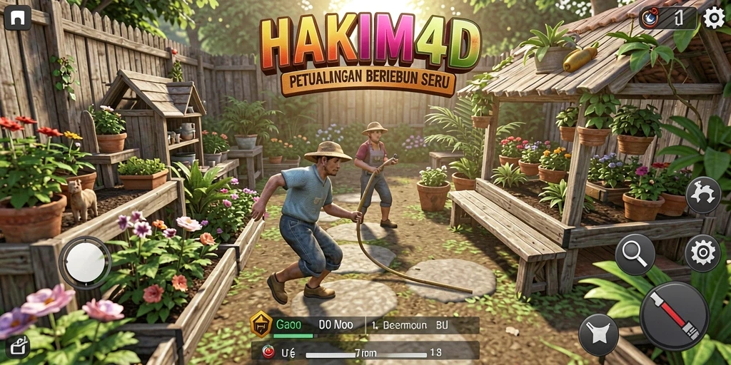 Tangkapan layar gameplay HAKIM4D dengan kebun yang luas dan hewan ternak.