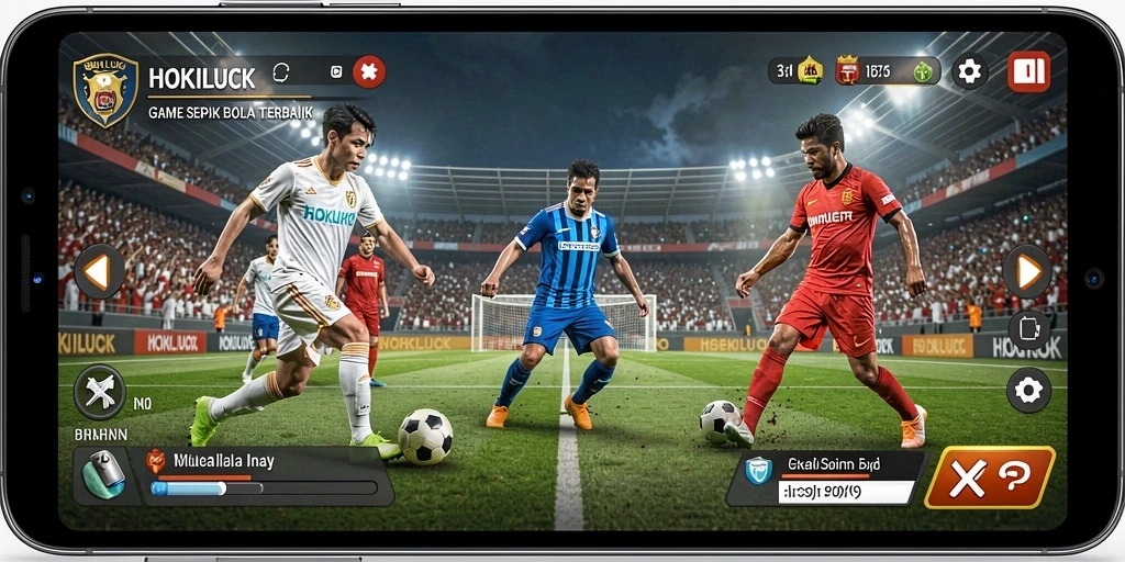 Tampilan gameplay HOKILUCK dengan aksi seru di lapangan sepak bola.