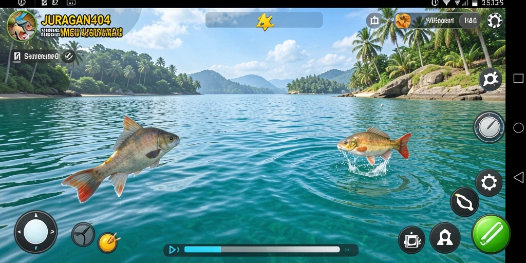 Screenshot gameplay JURAGAN404 yang menampilkan aktivitas memancing.