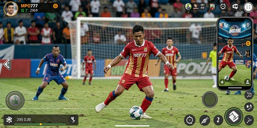 Tampilan gameplay MPO777 dengan aksi sepak bola yang mendebarkan.