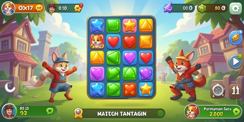 Menampilkan gameplay OLX17 dengan momen mencocokkan objek Match-3.