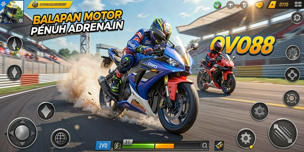 Screenshot gameplay OVO88 menampilkan balapan motor yang seru dan menantang.