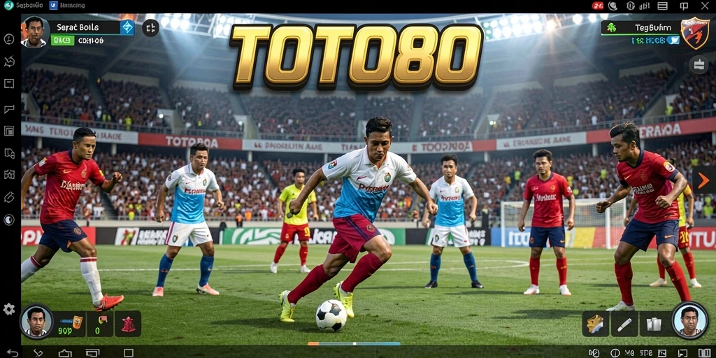 Screenshot gameplay TOTO80 dengan aksi pertandingan sepak bola yang mendebarkan.